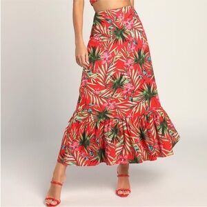 LULUS Island Experience Tropical Floral Ruffle Midi Skirt - Size Large - NWT